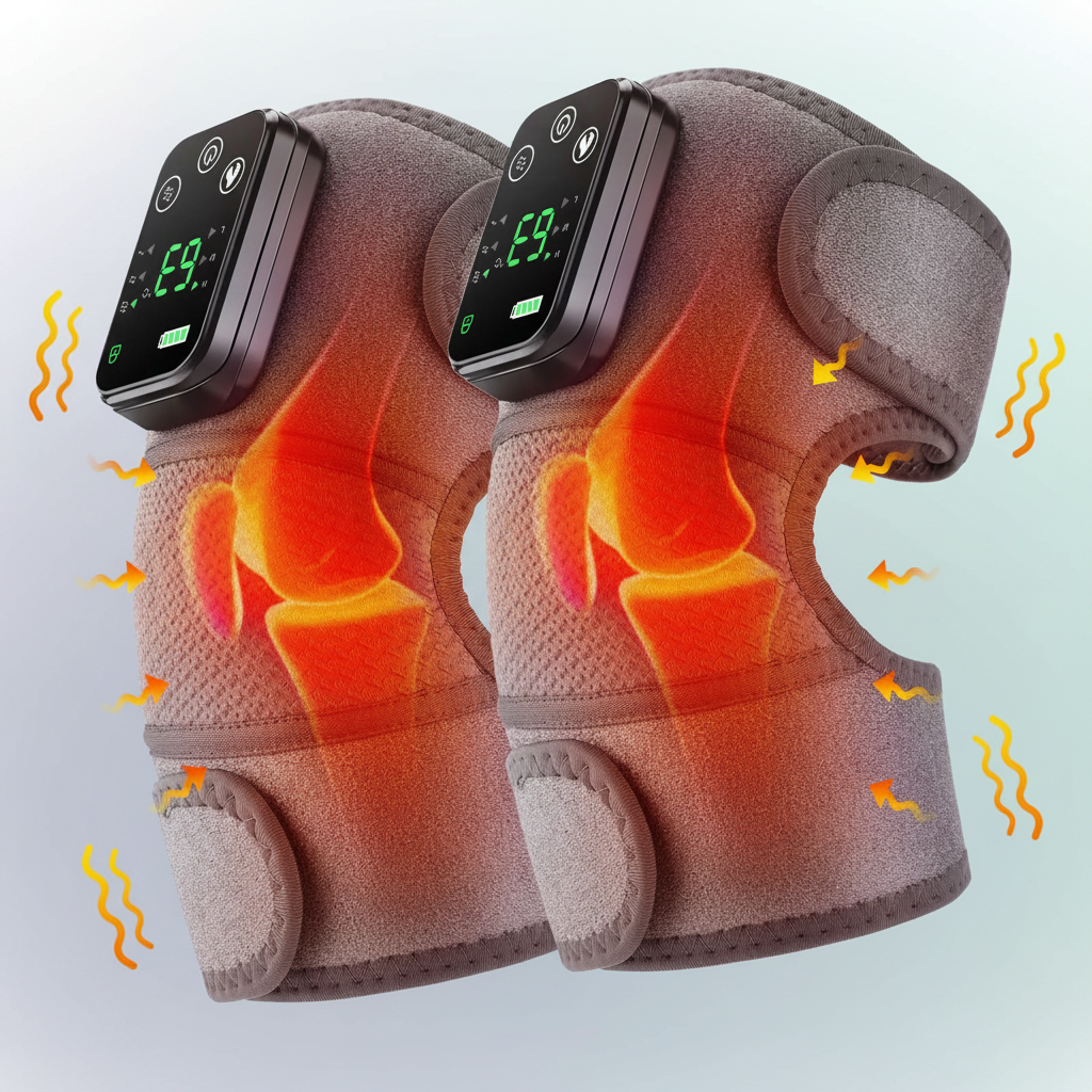 Pair of heated knee supports with digital displays on a light blue background.
