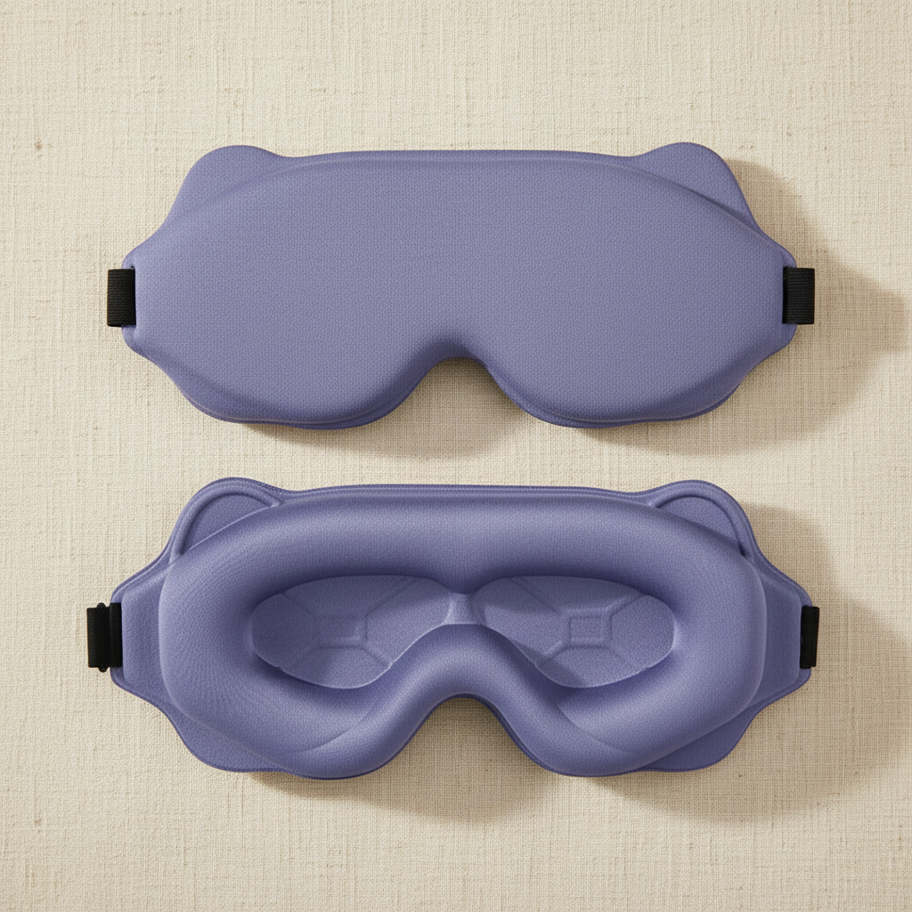 3D contoured sleep eye mask in purple-blue for complete light blocking and comfortable sleep