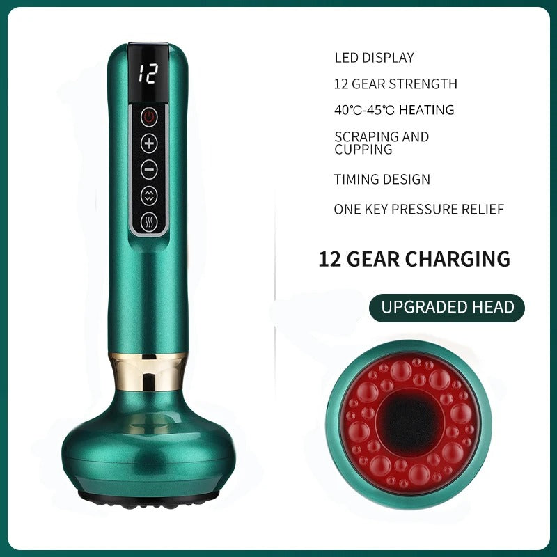 Green electronic device with LED display and red circular component on a white background
