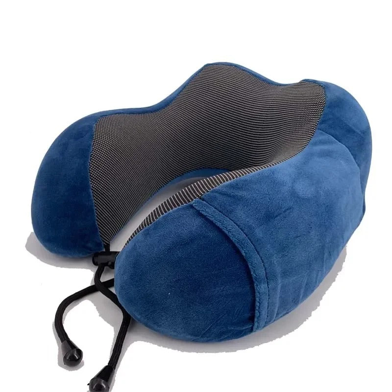 Blue travel neck pillow with mesh back on a white background