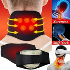Neck brace with heating elements on a person's neck, showing soreness and stiffness.