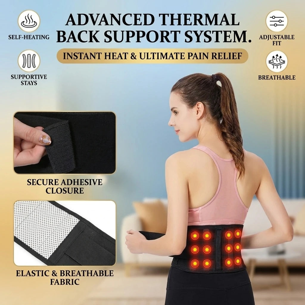 Self-heating magnetic therapy waist brace support belt with feature callouts showing heat therapy, magnetic points, strong support and breathable design