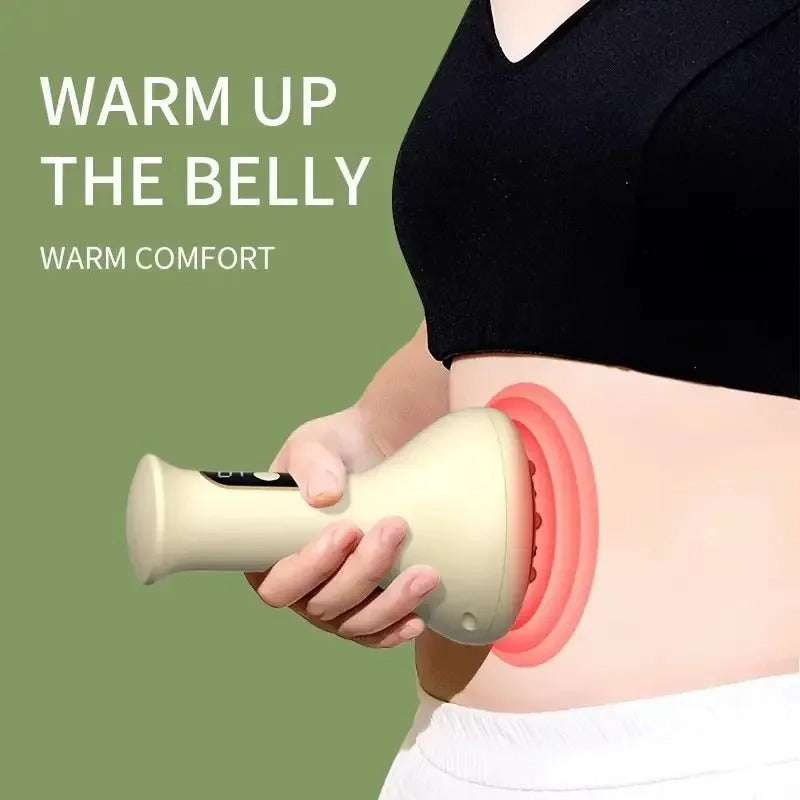 Person using a handheld device on their abdomen with text indicating warmth and comfort.