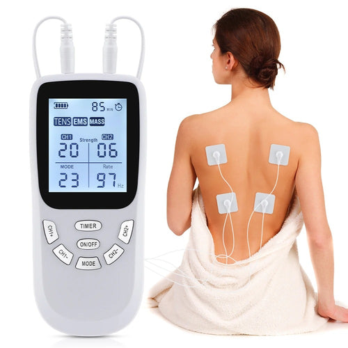 TENS unit device with digital display and a person receiving electrical stimulation on their back.