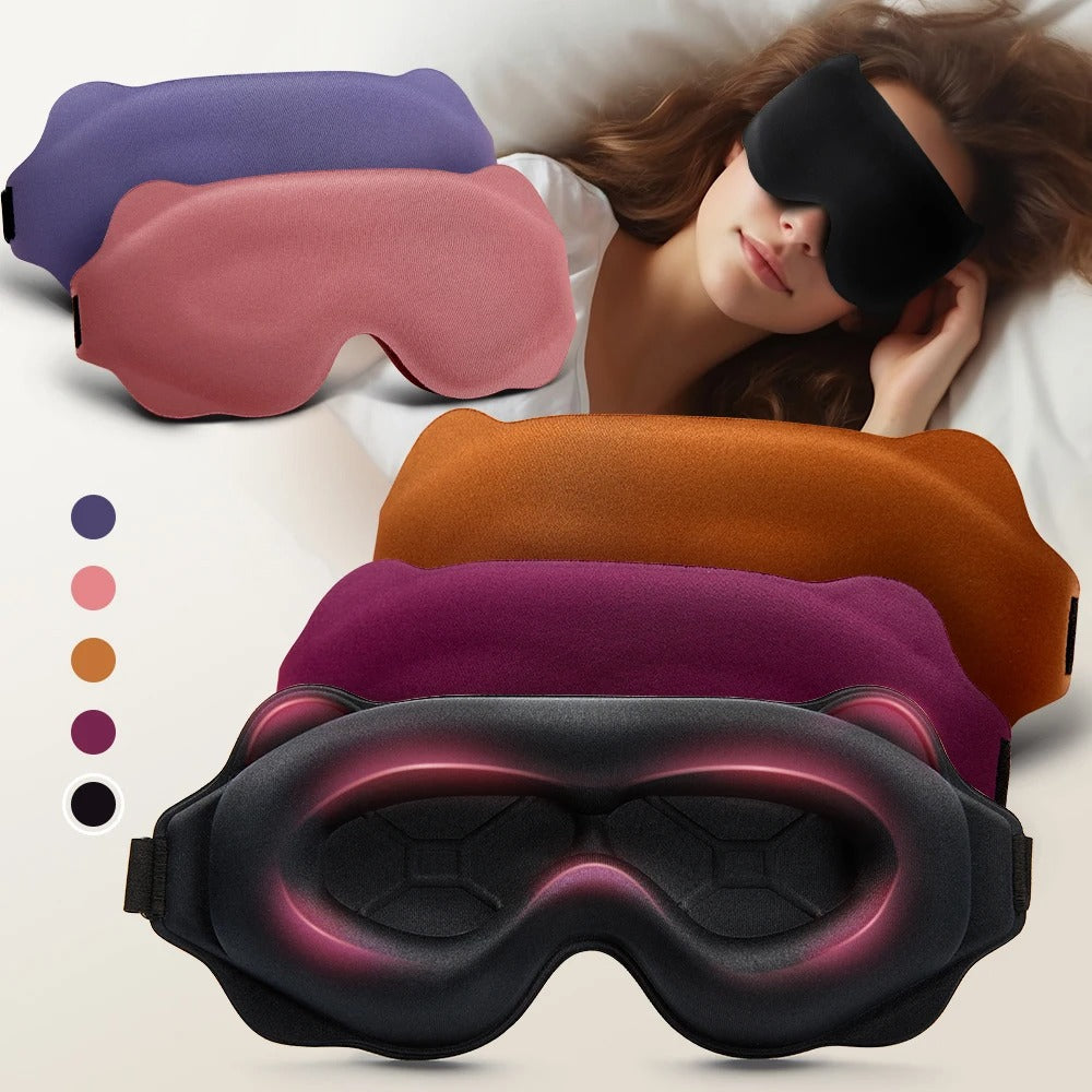 Set of colorful sleep masks with a woman wearing one, displayed on a plain background.
