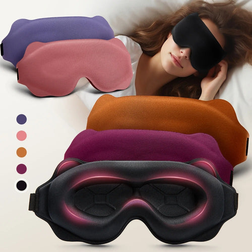 Set of colorful sleep masks with a woman wearing one, displayed on a plain background.
