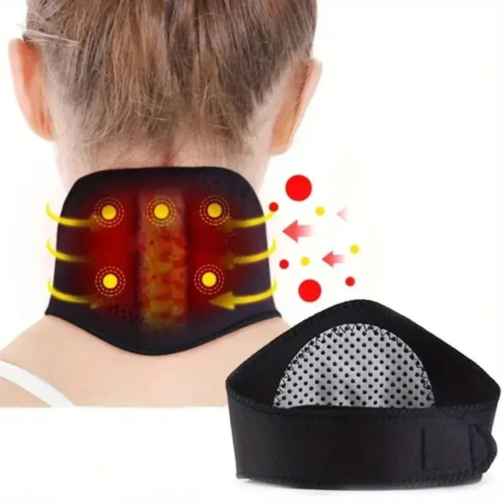 Neck support brace with heating element worn by a person, showing close-up details.