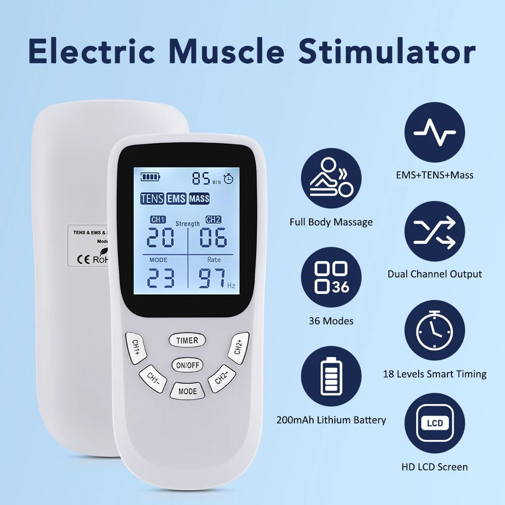 Electric muscle stimulator with digital display on a light blue background