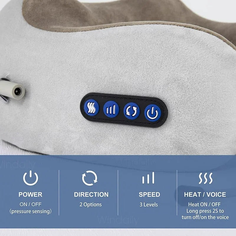 Massage pillow with control panel and feature labels on a gray background