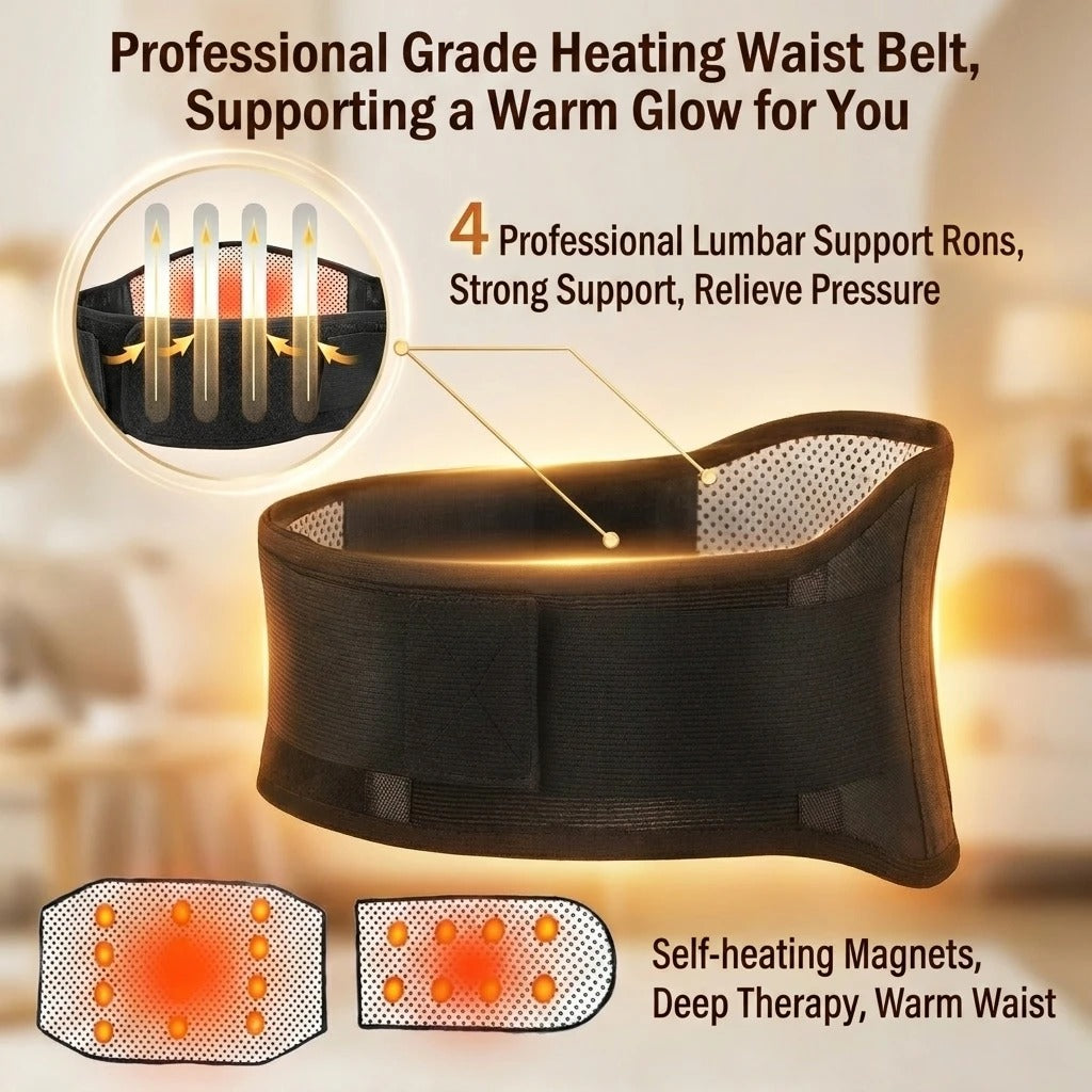 A black heating waist belt shown on a blurred warm indoor background with promotional text and inset diagrams explaining lumbar support and self-heating magnets.