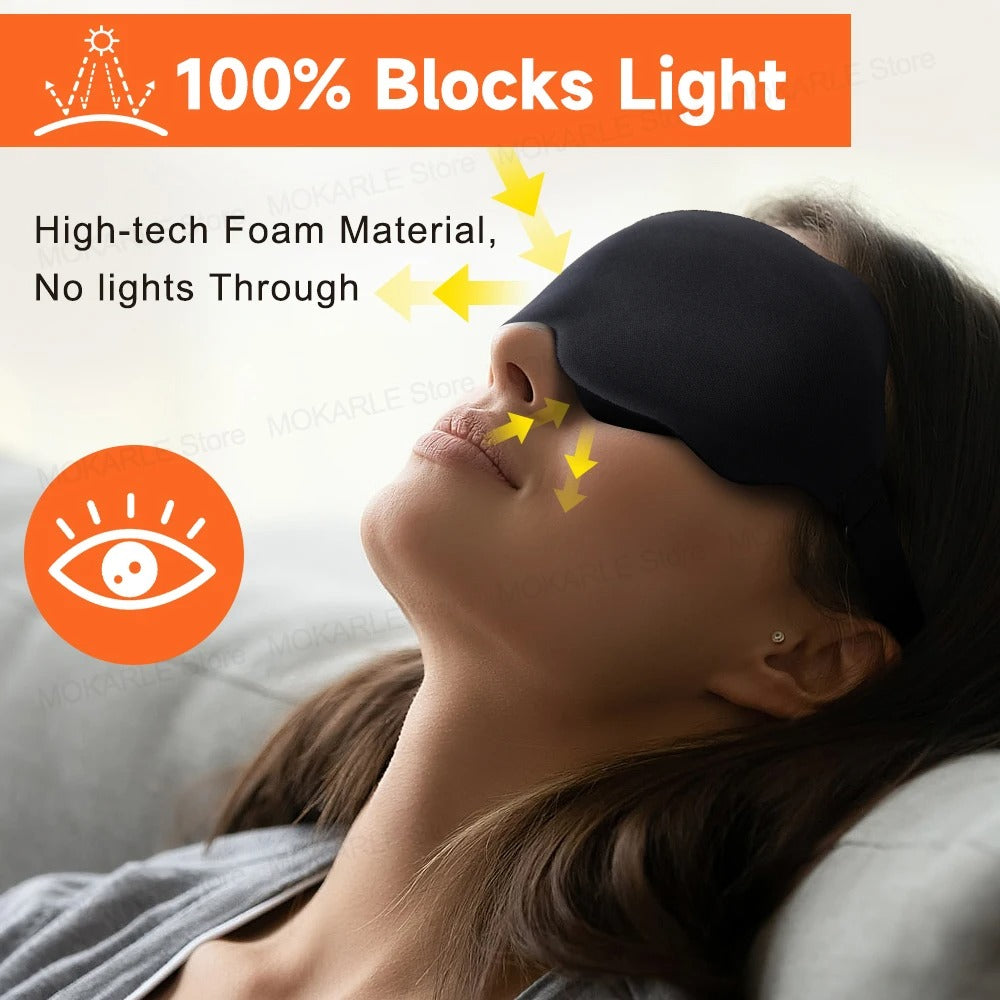 Person wearing a black sleep mask with text highlighting its light-blocking properties.