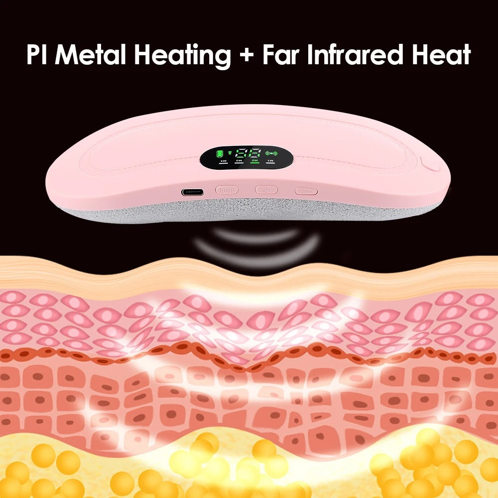 Pink electronic device with digital display on a black background, showing skin layer diagram below.
