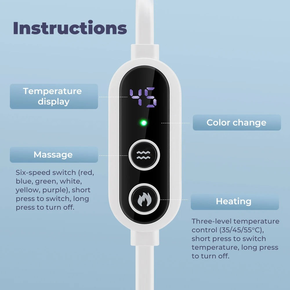 Control panel with digital display and buttons for temperature control and massage on a light blue background.