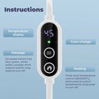 Control panel with digital display and buttons for temperature control and massage on a light blue background.