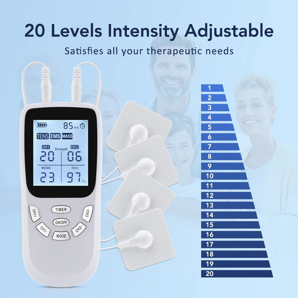 TENS unit with digital display and 20 intensity levels on a blue background