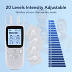 TENS unit with digital display and 20 intensity levels on a blue background
