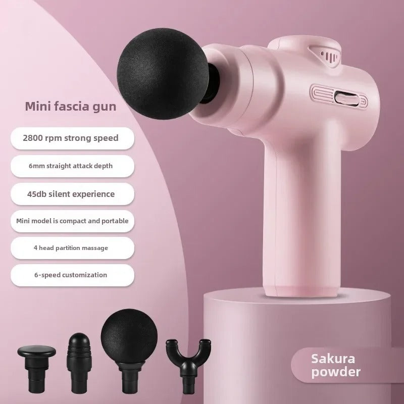 Pink mini fascia gun with attachments on a pink background, featuring text details.