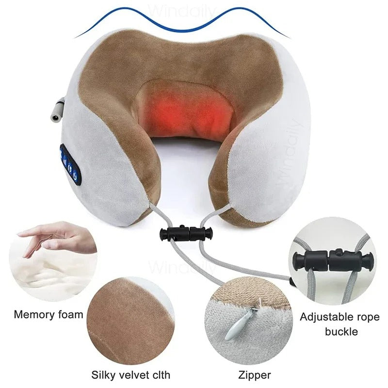 Neck pillow with heating element, memory foam, silky velvet cloth, adjustable rope buckle, and zipper details.