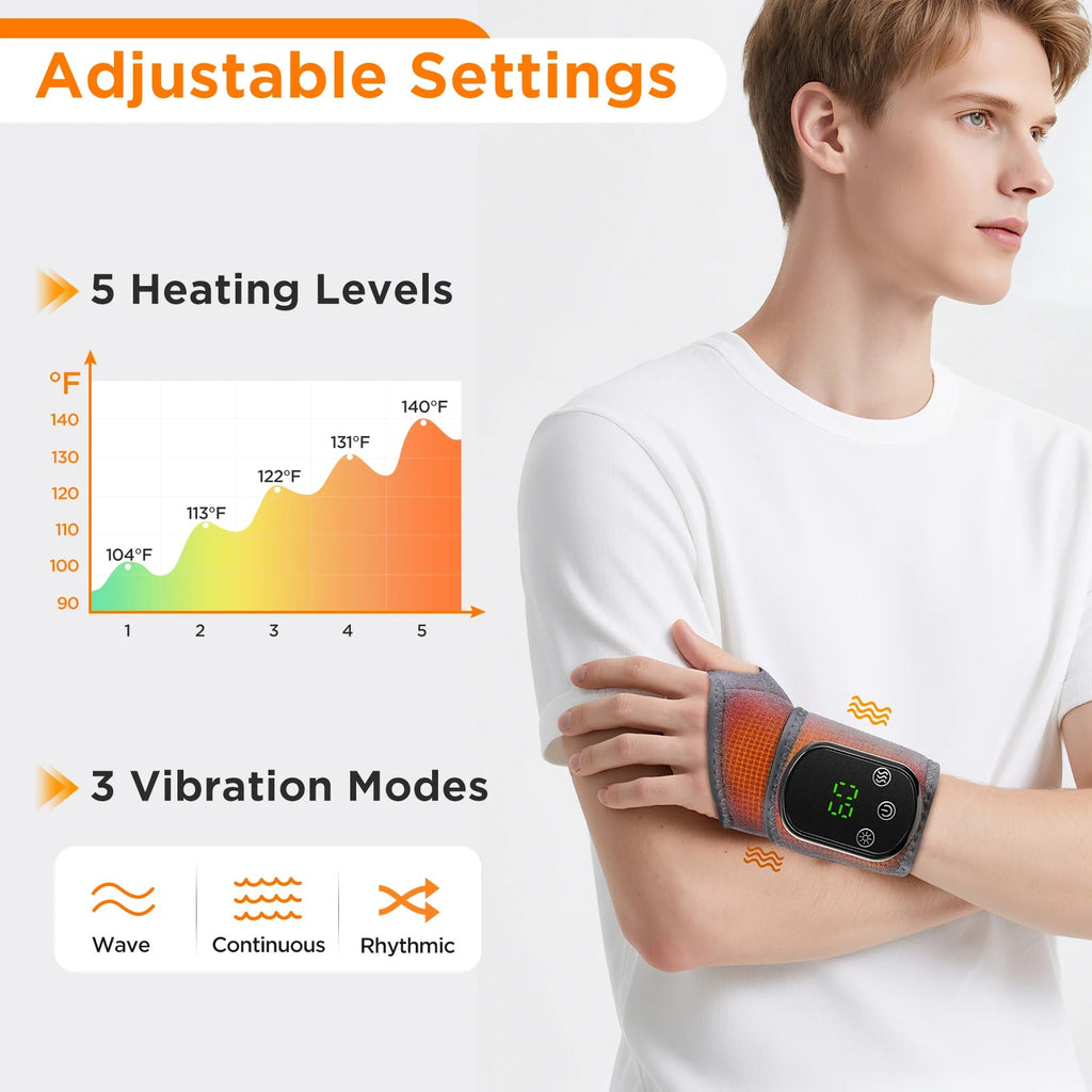 Person wearing a heating device on their arm with adjustable settings displayed.