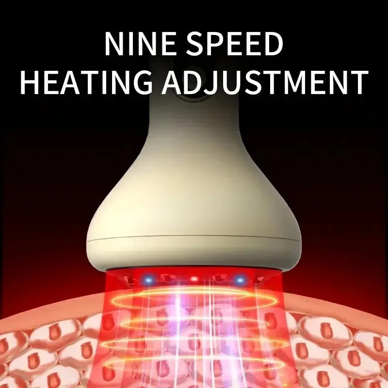 Heating device with red light on a black background, labeled 'Nine Speed Heating Adjustment'.
