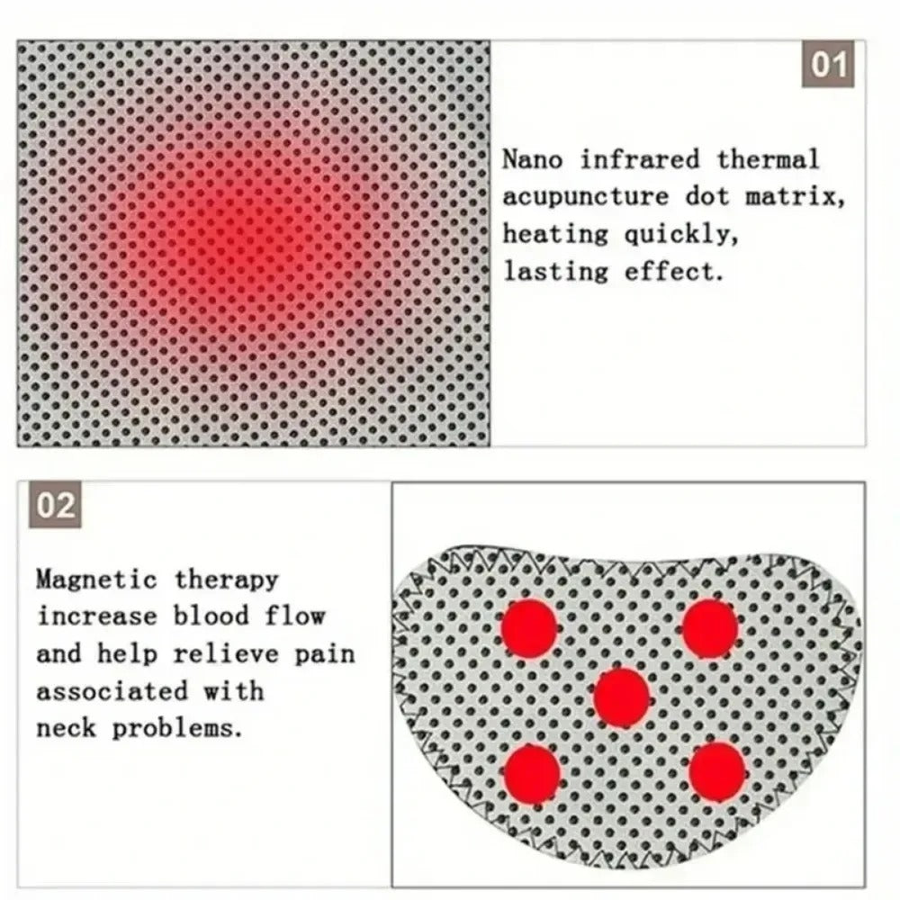 Product description with red dots on a patterned background