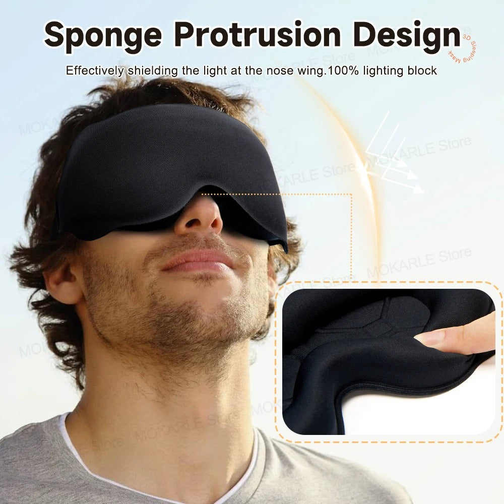 Man wearing a black sleep mask with sponge protrusion design, shown on a light blue background.