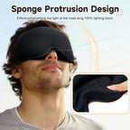 Man wearing a black sleep mask with sponge protrusion design, shown on a light blue background.