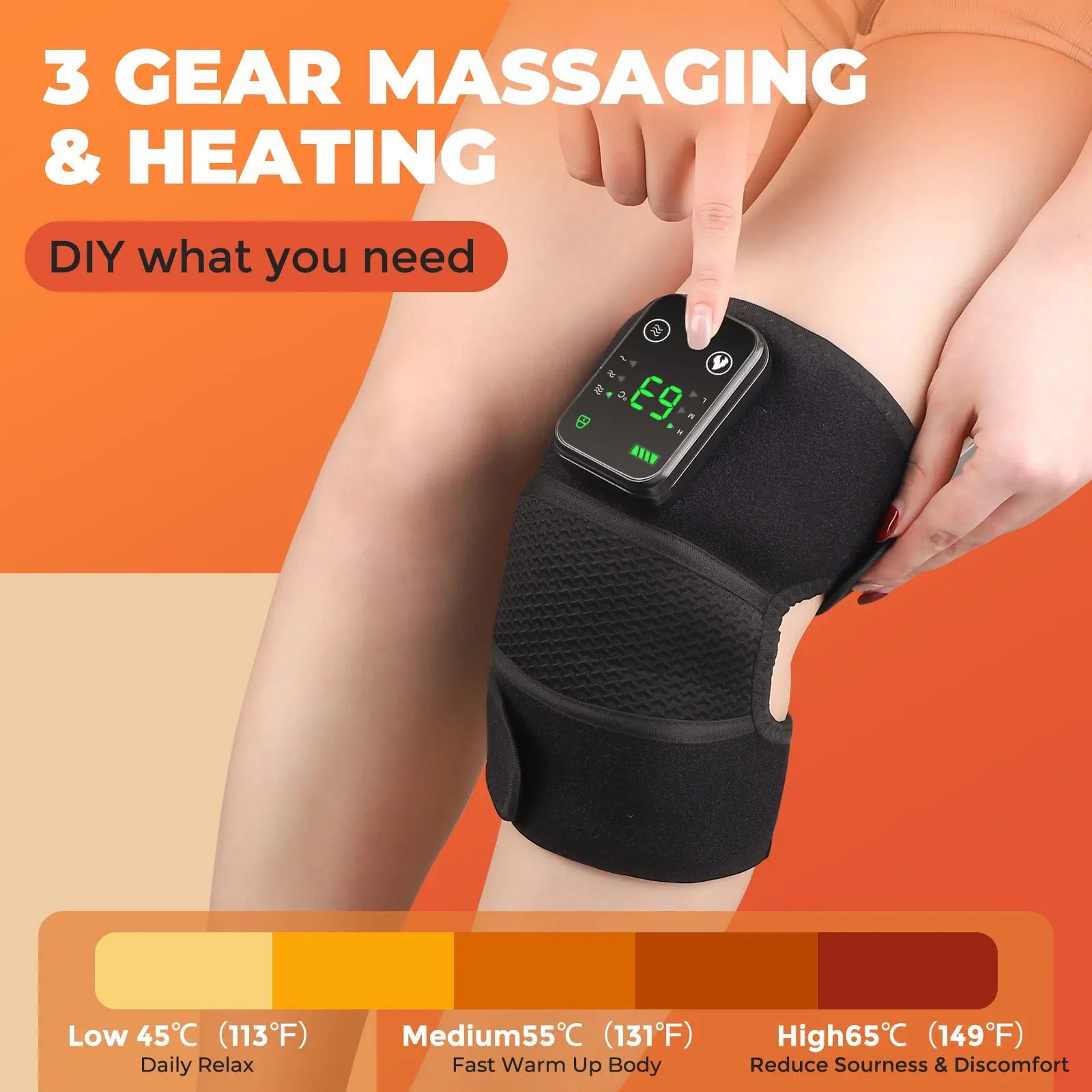 Black massage device on a person's arm with temperature display against an orange background