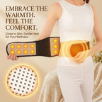 A woman wearing a black waist heating pad with glowing orange heat zones, shown alongside a close-up of the heating pad's circular design and promotional text about gentle heat for wellness.