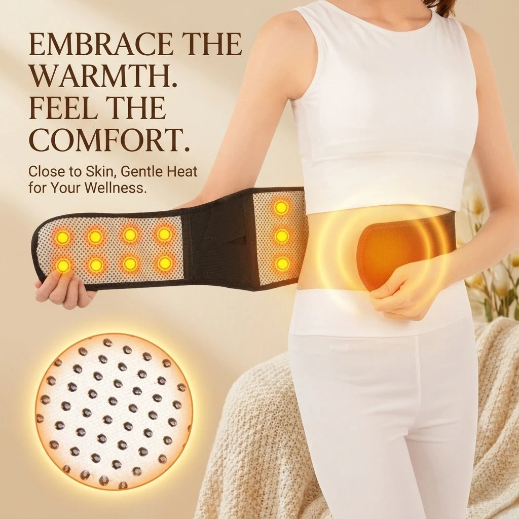 A woman wearing a black waist heating pad with glowing orange heat zones, shown alongside a close-up of the heating pad's circular design and promotional text about gentle heat for wellness.