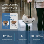 Travel neck pillow with charging cable on a suitcase, showing battery life and charging details.