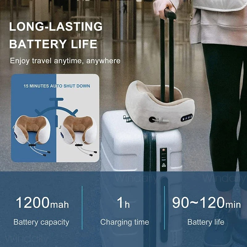 Travel neck pillow with charging cable on a suitcase, showing battery life and charging details.