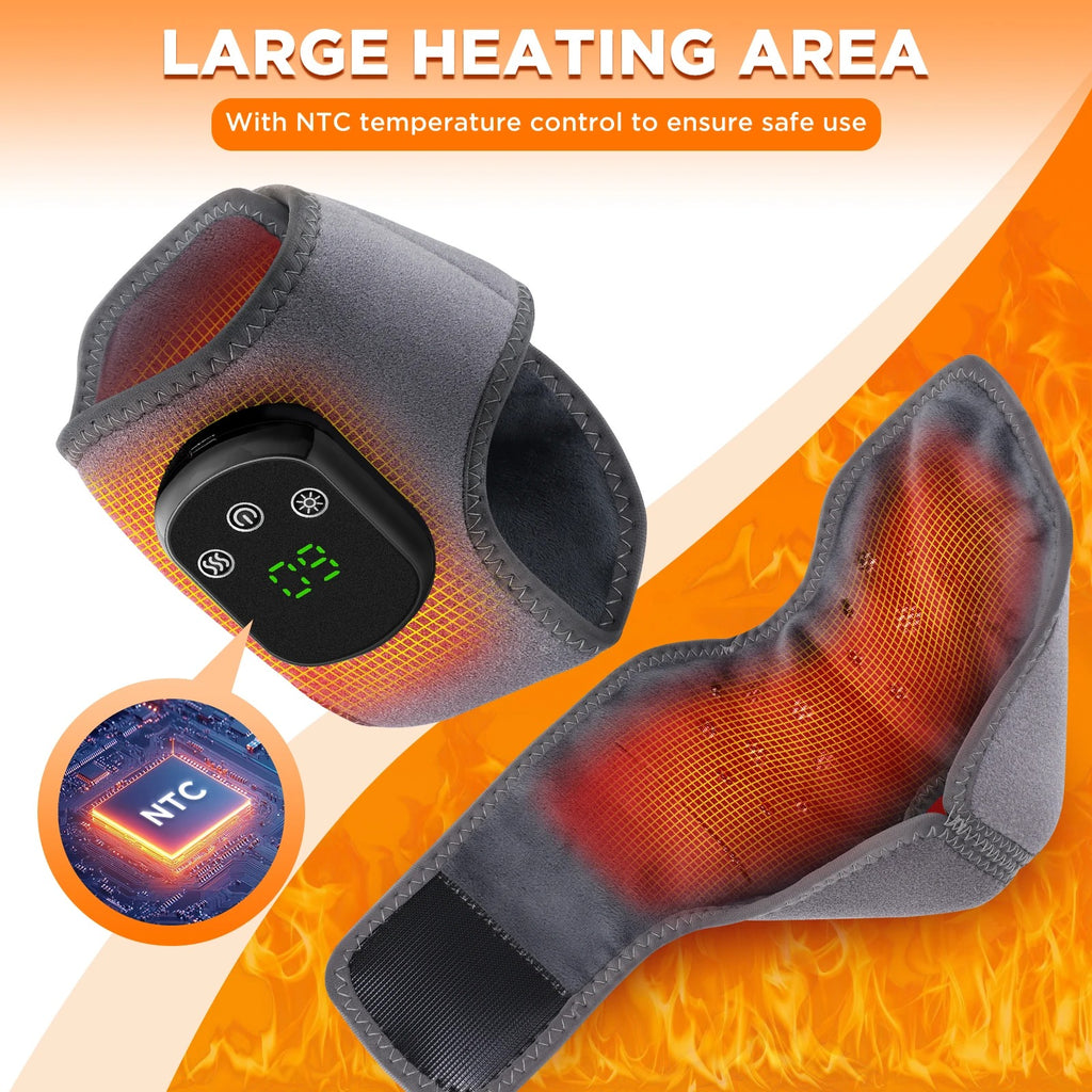 Heated wrist wrap with digital display and NTC temperature control on an orange background