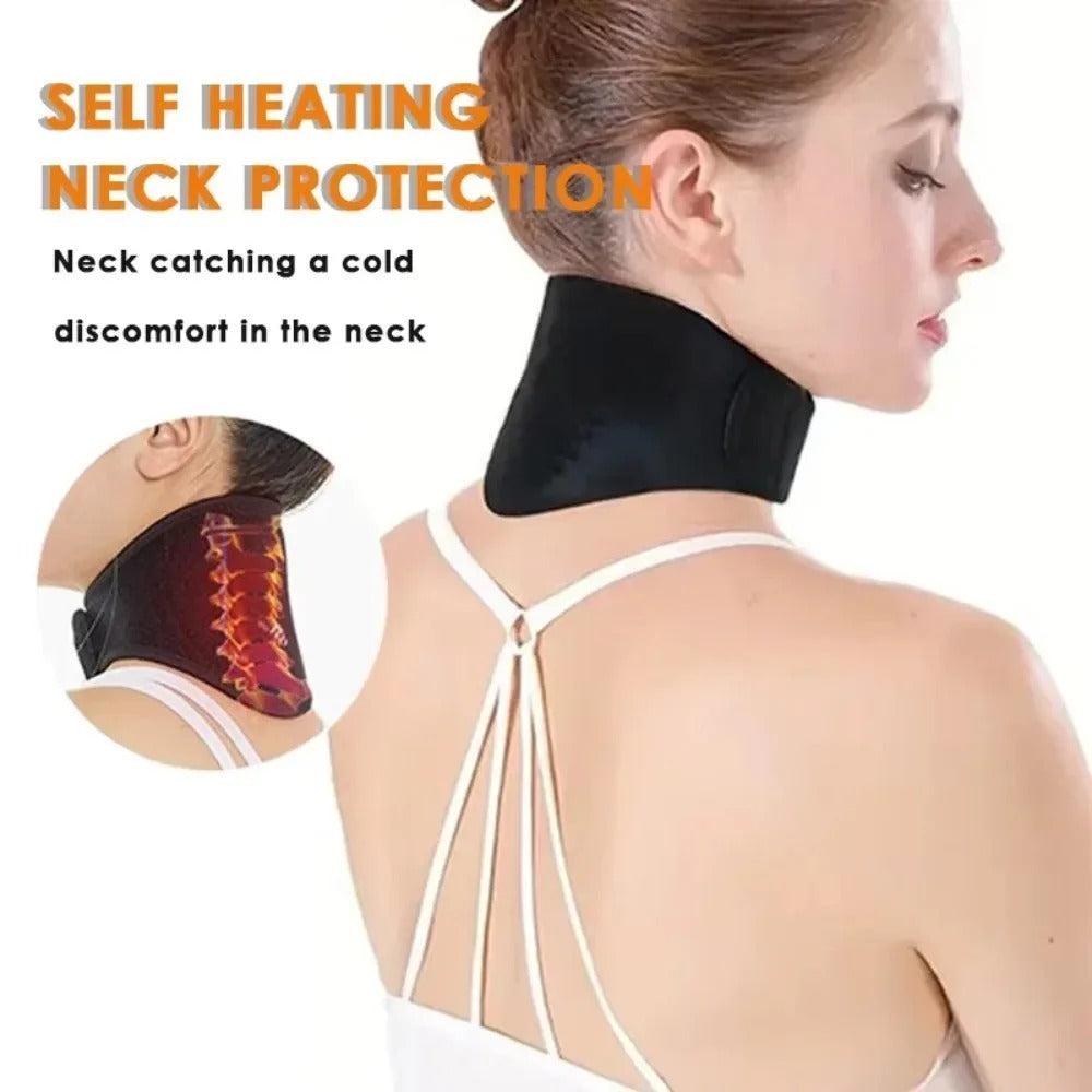 Woman wearing a self-heating neck protection device with text on a white background