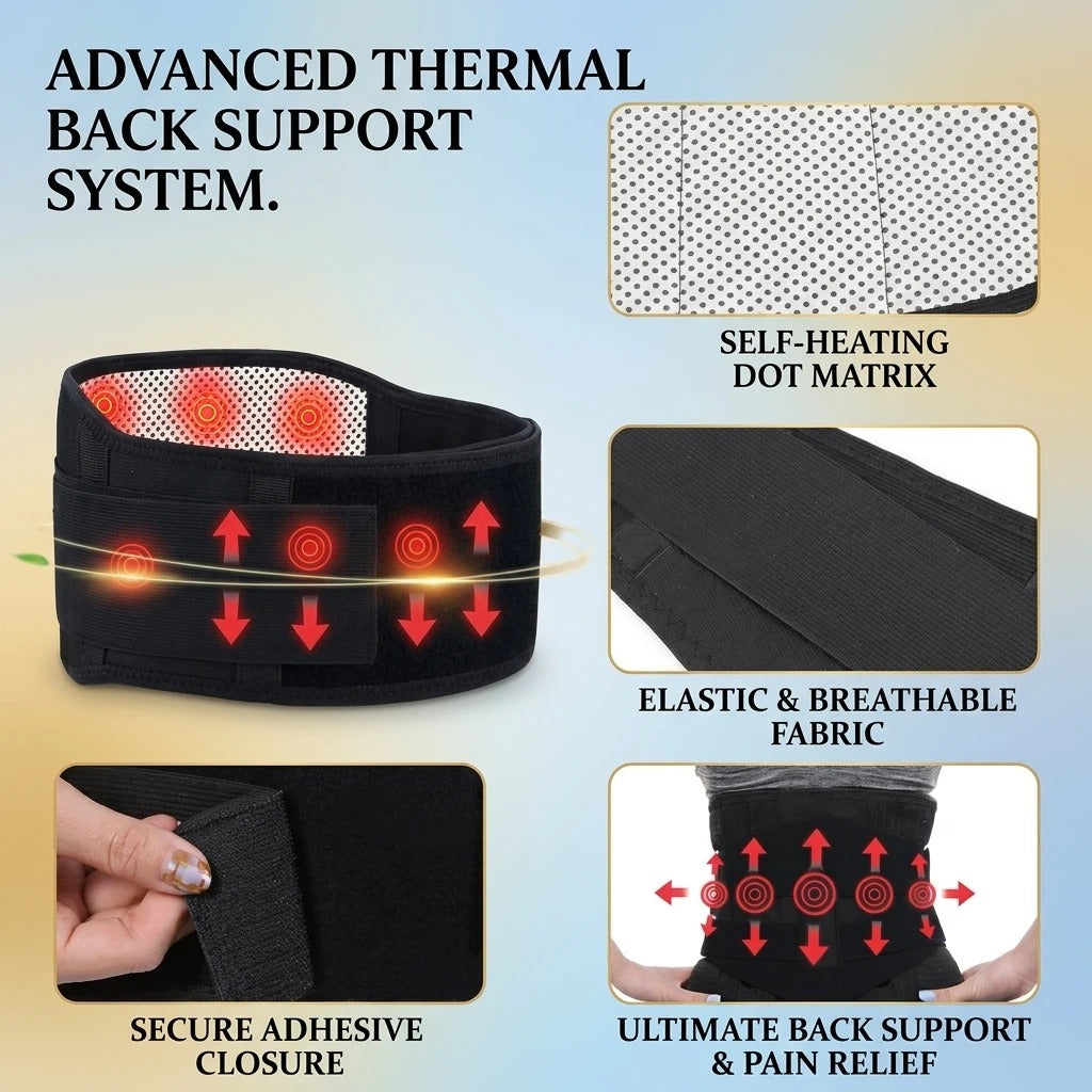 An infographic-style product explainer for a black thermal back support belt. The main product is shown wearing on a back, with red arrows and heat symbols illustrating heating and support.