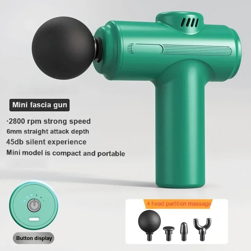 Green mini fascia gun with attachments on a gray background