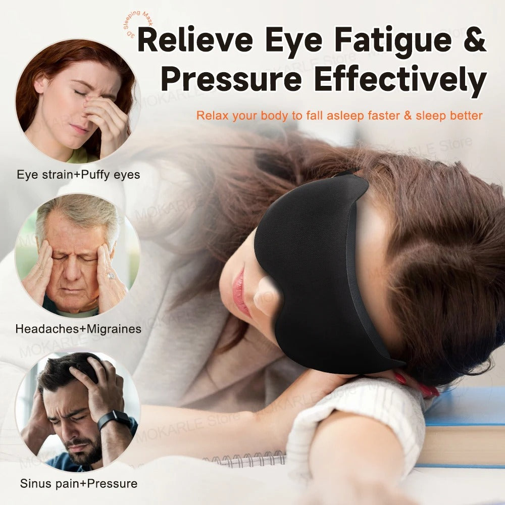 Person wearing a black sleep mask with text about relieving eye fatigue and pressure.