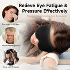 Person wearing a black sleep mask with text about relieving eye fatigue and pressure.