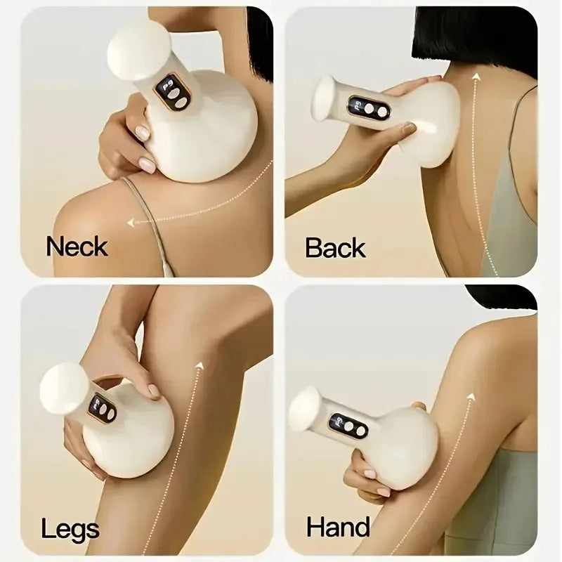 White handheld massager being used on different parts of the body including neck, back, legs, and hand.