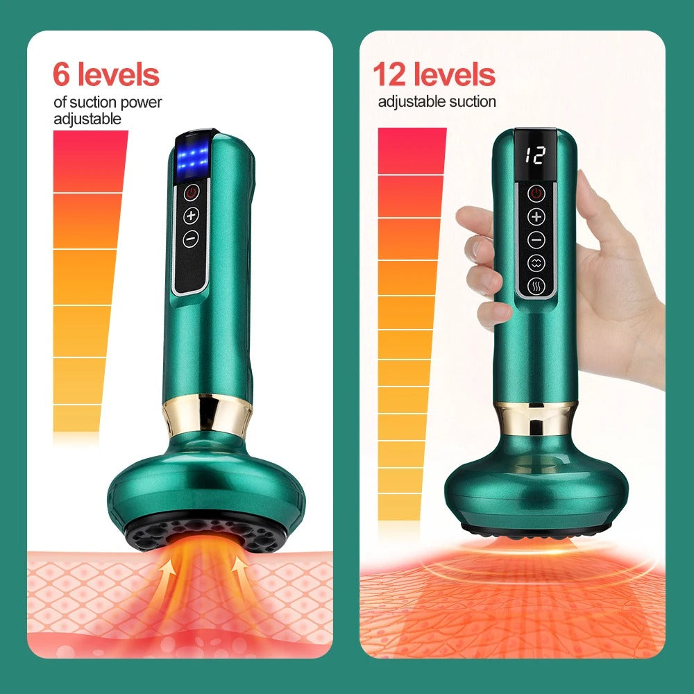 Two product images showing a green handheld device with adjustable suction power levels on a white background.