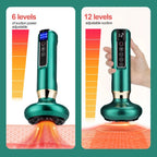 Two product images showing a green handheld device with adjustable suction power levels on a white background.