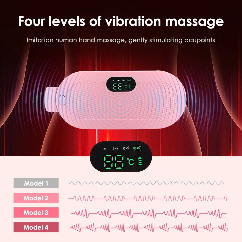 Pink massage device with digital display on a dark background, labeled 'Four levels of vibration massage'.