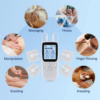 Electrotherapy device with various application icons on a blue background