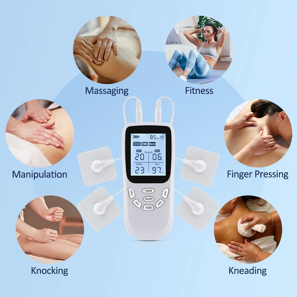 Electrotherapy device with various application icons on a blue background