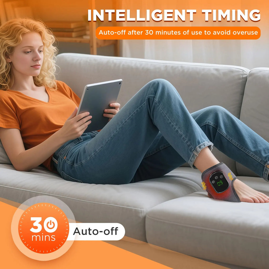 Woman with heel massager on a couch with an auto-off timer feature highlighted.