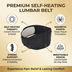 A black lumbar support belt centered on a beige promotional graphic with feature callouts: self-heating therapy, magnetic points, strong support, and breathable design. Large headline reads 'PREMIUM SELF-HEATING LUMBAR BELT' and a footer says 'Experience Pain Relief & Lasting Comfort.