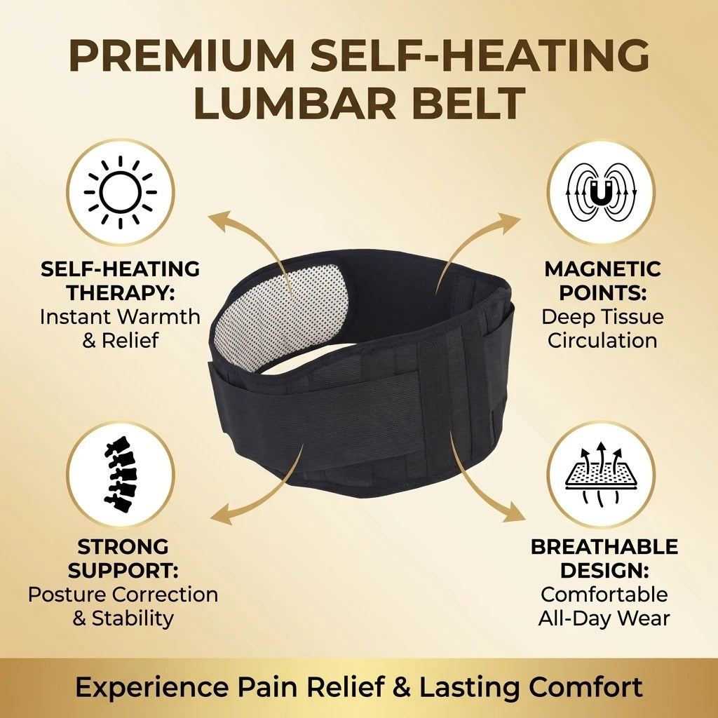 A black lumbar support belt centered on a beige promotional graphic with feature callouts: self-heating therapy, magnetic points, strong support, and breathable design. Large headline reads 'PREMIUM SELF-HEATING LUMBAR BELT' and a footer says 'Experience Pain Relief & Lasting Comfort.