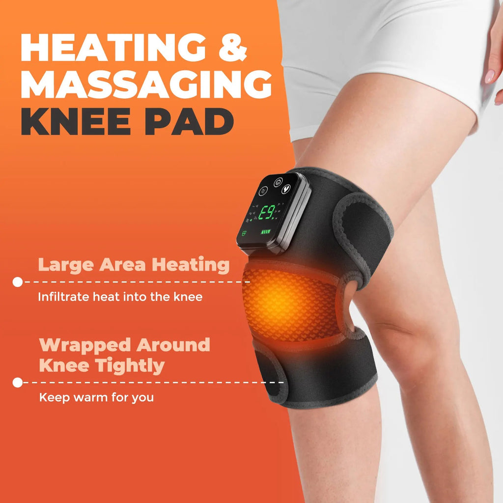 Heating and massaging knee pad with digital display on a person's knee against an orange background