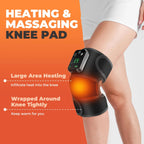 Heating and massaging knee pad with digital display on a person's knee against an orange background