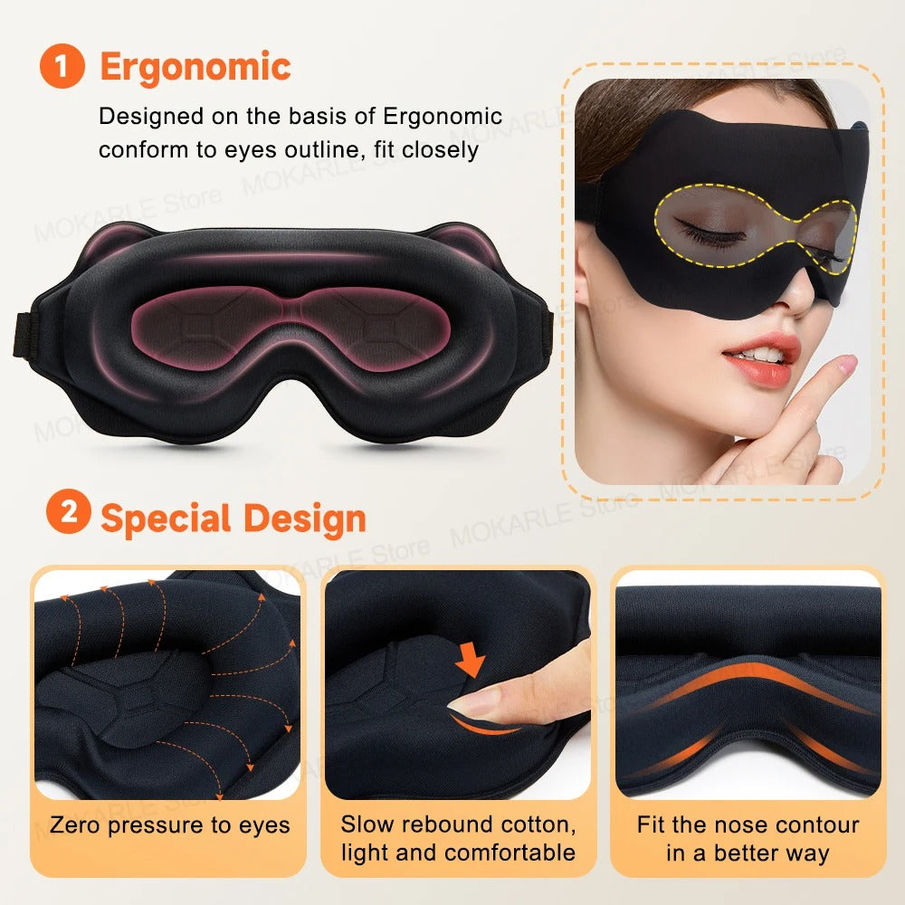 Ergonomic eye mask with text highlighting features on a light background
